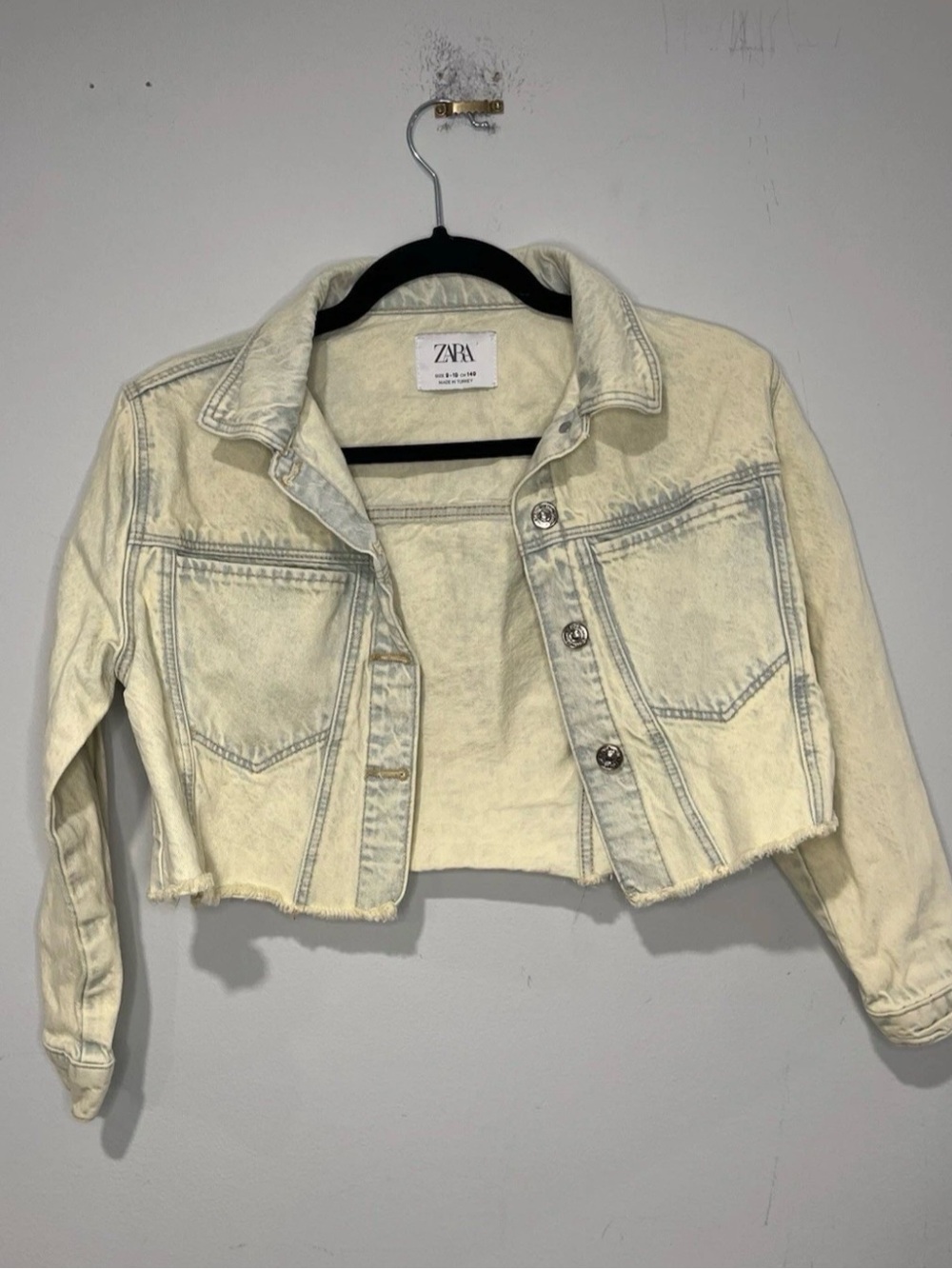 Zara Kids Girls Acid Wash Cream Cropped Denim Jean Jacket Size 9-10 140cm